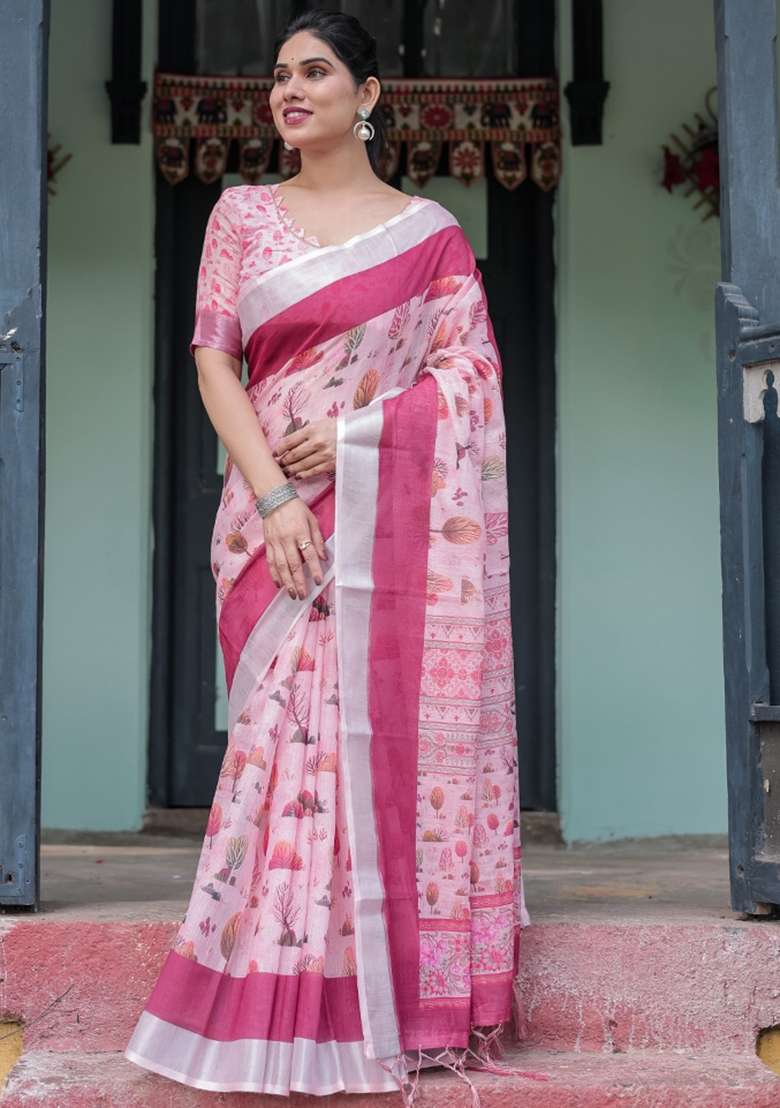 Pink Leaf Print Cotton Saree Set for Diwali and Festive Wear - Indya
