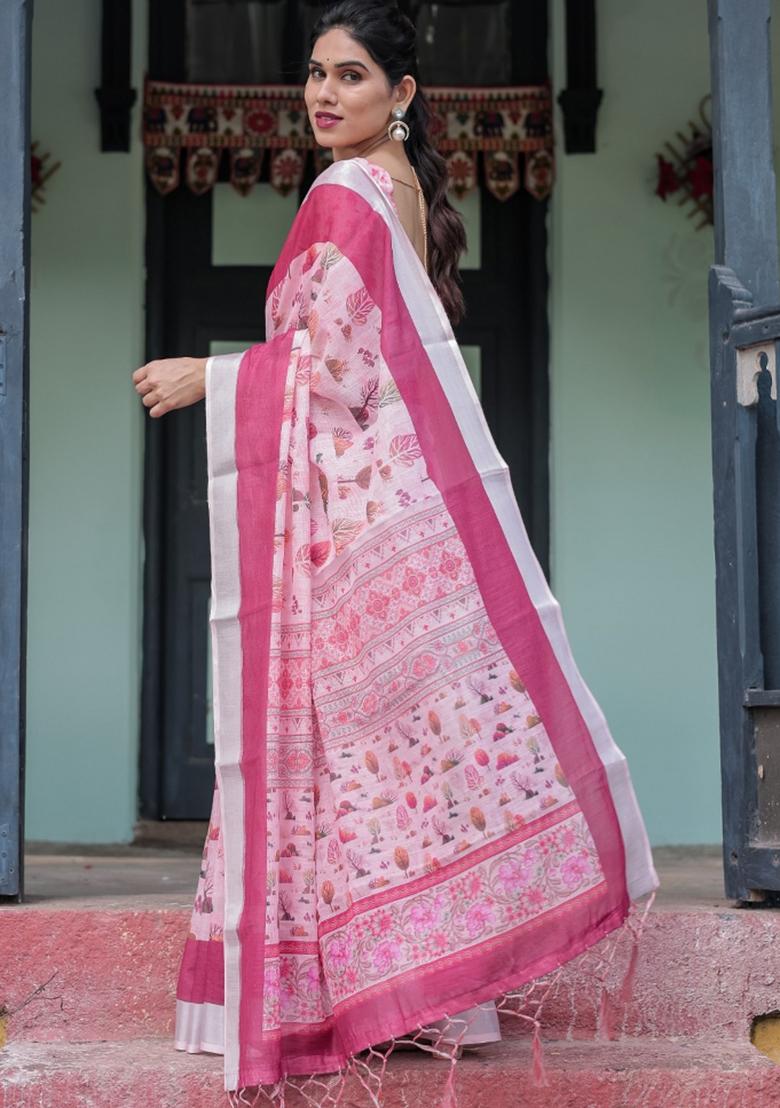 Pink Leaf Print Cotton Saree Set - Indya