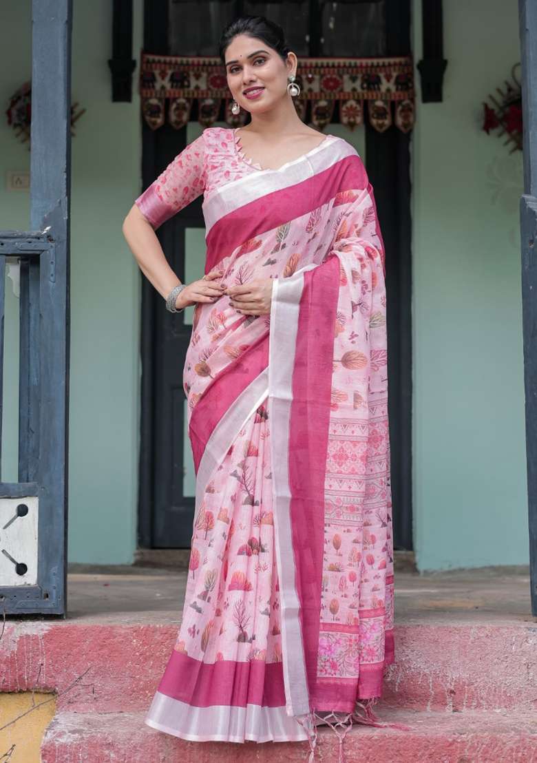 Pink Leaf Print Cotton Saree Set for Diwali and Festive Wear - Indya