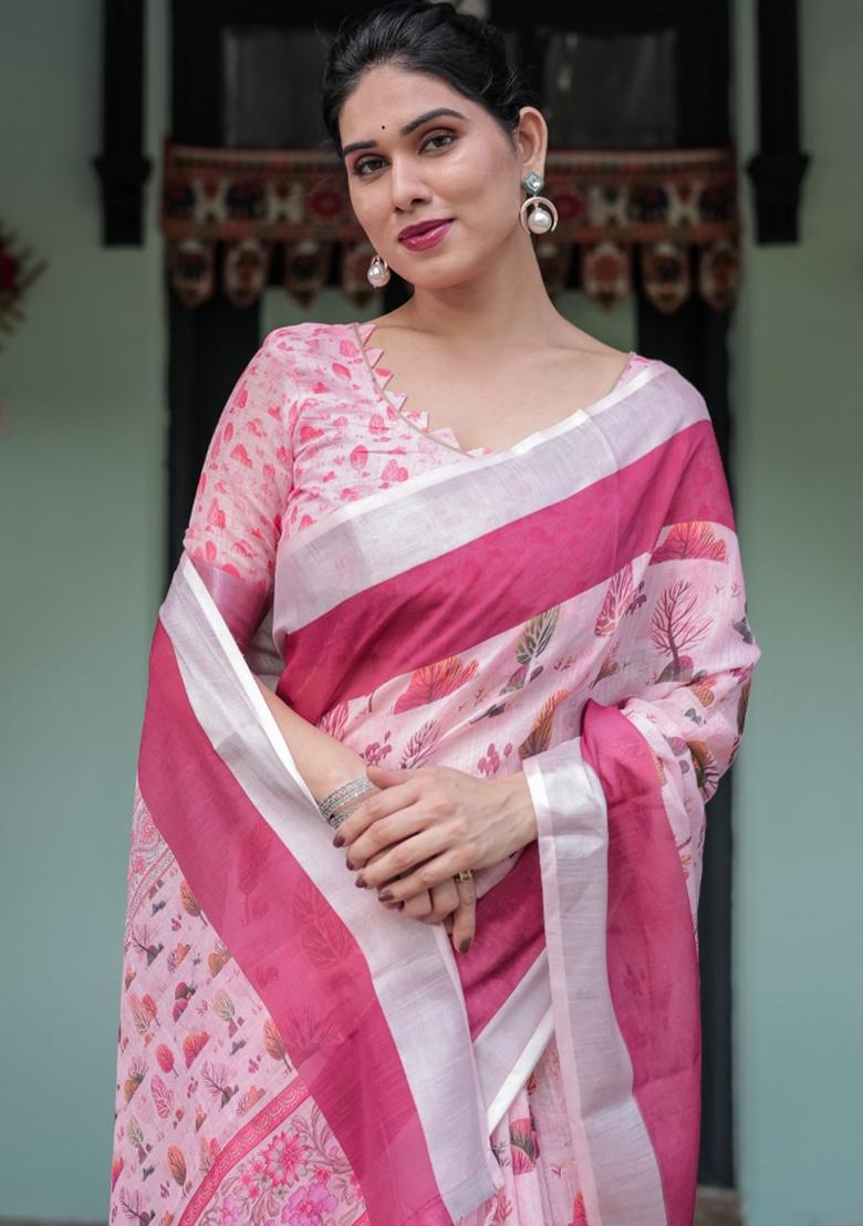 Pink Leaf Print Cotton Saree Set - Indya