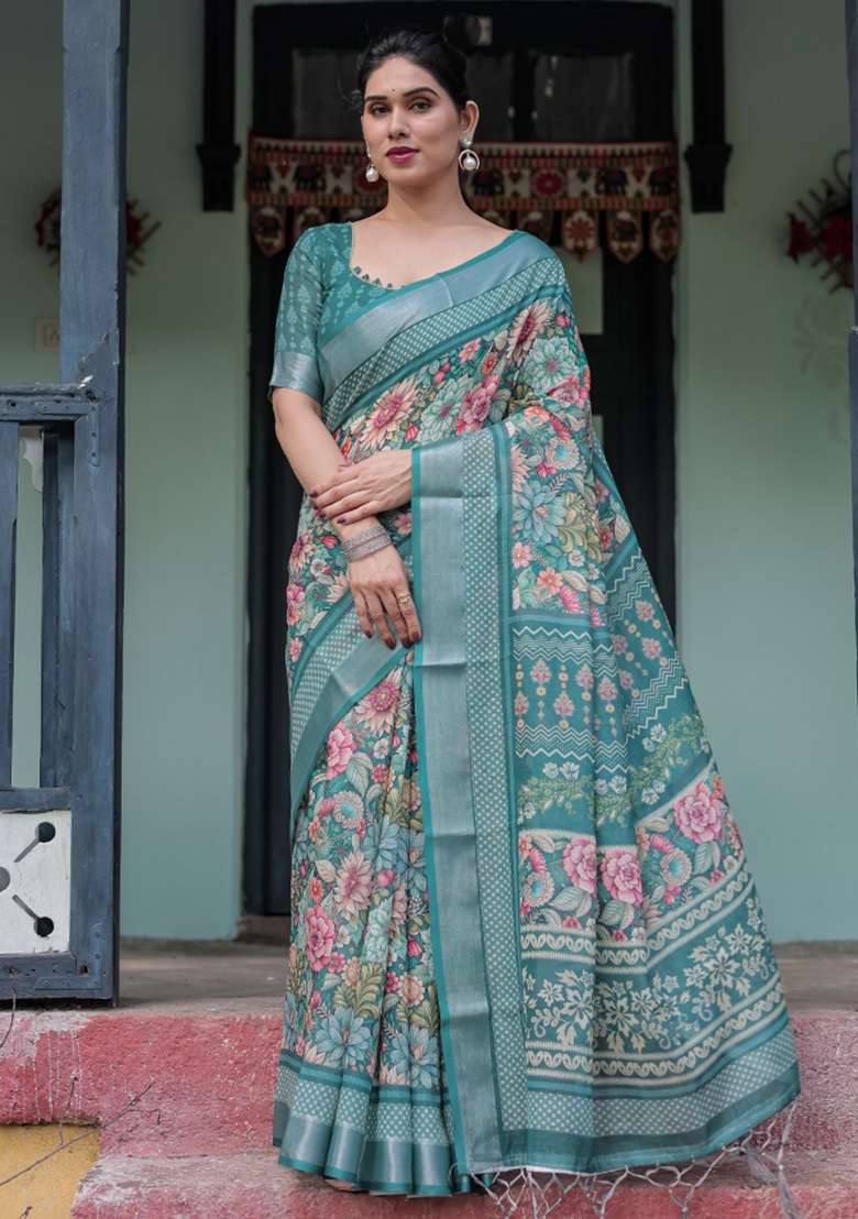 Teal Floral Print Cotton Saree Set for Diwali and Festive Wear - Indya
