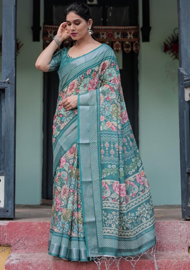 Teal Floral Print Cotton Saree Set - Indya