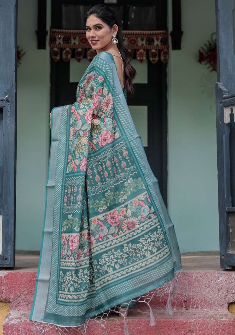 Teal Floral Print Cotton Saree Set for Diwali and Festive Wear - Indya