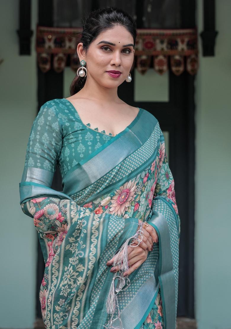 Teal Floral Print Cotton Saree Set - Indya