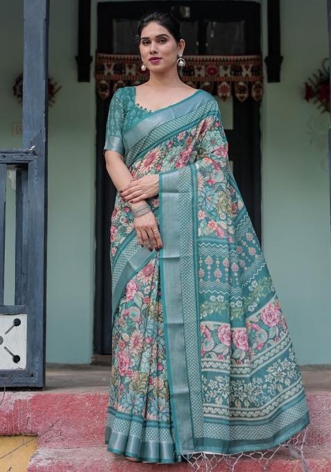 Teal Floral Print Cotton Saree Set