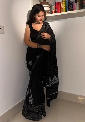 Black Printed Linen Saree Set