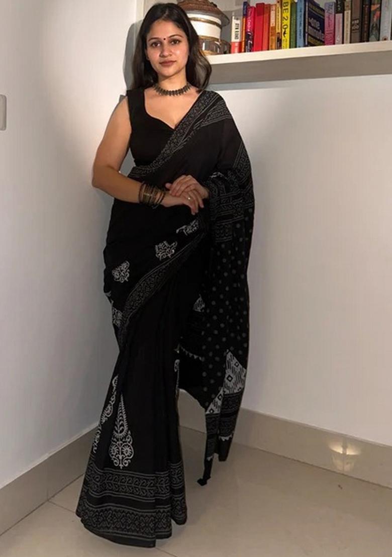 Black Printed Linen Saree Set - Indya