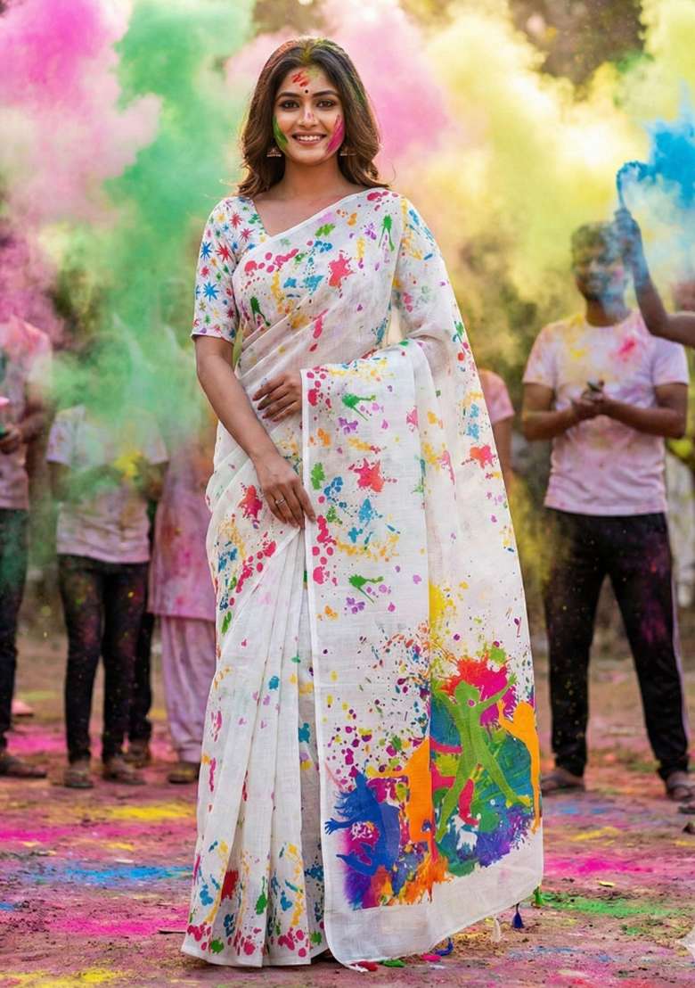 White Printed Linen Saree Set for Diwali and Festive Wear - Indya