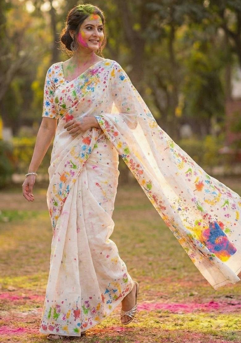White Printed Linen Saree Set - Indya