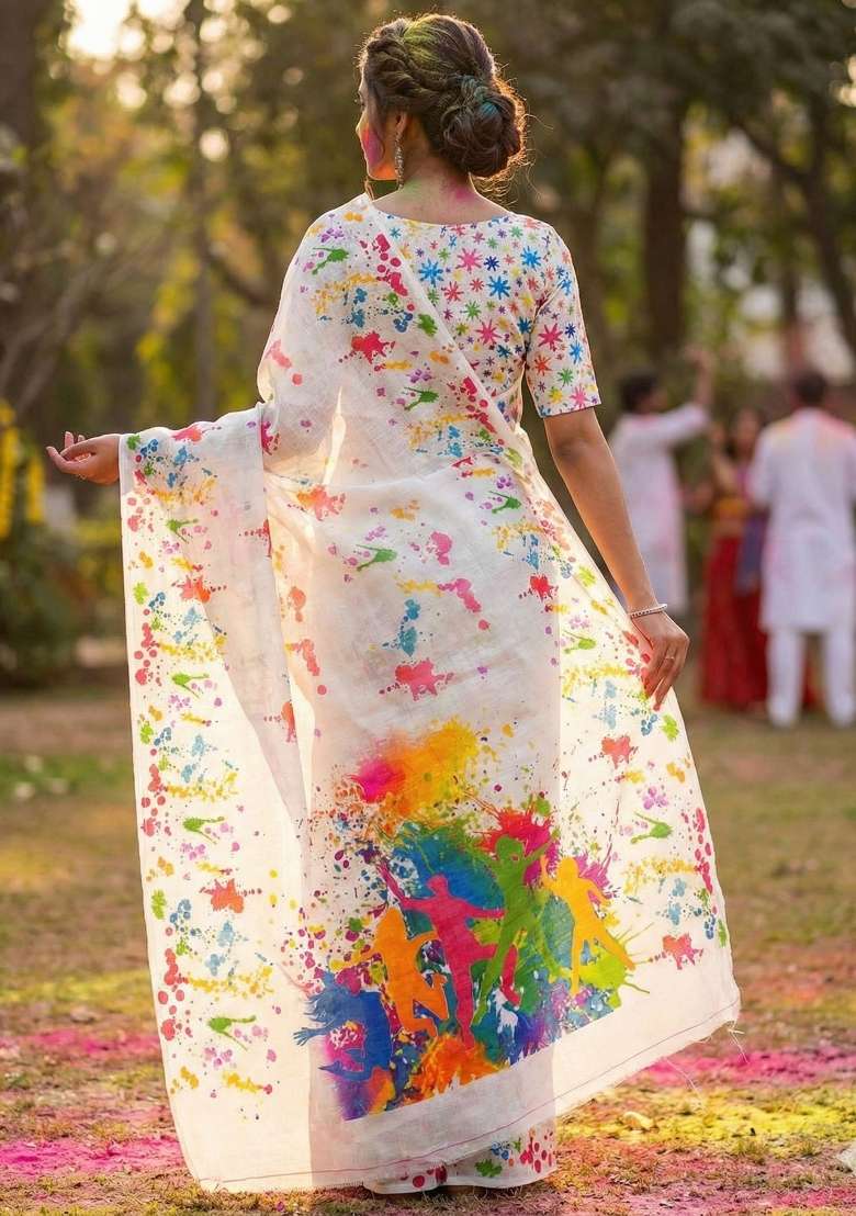 White Printed Linen Saree Set for Diwali and Festive Wear - Indya