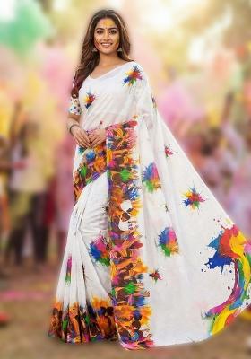 White Printed Linen Saree Set