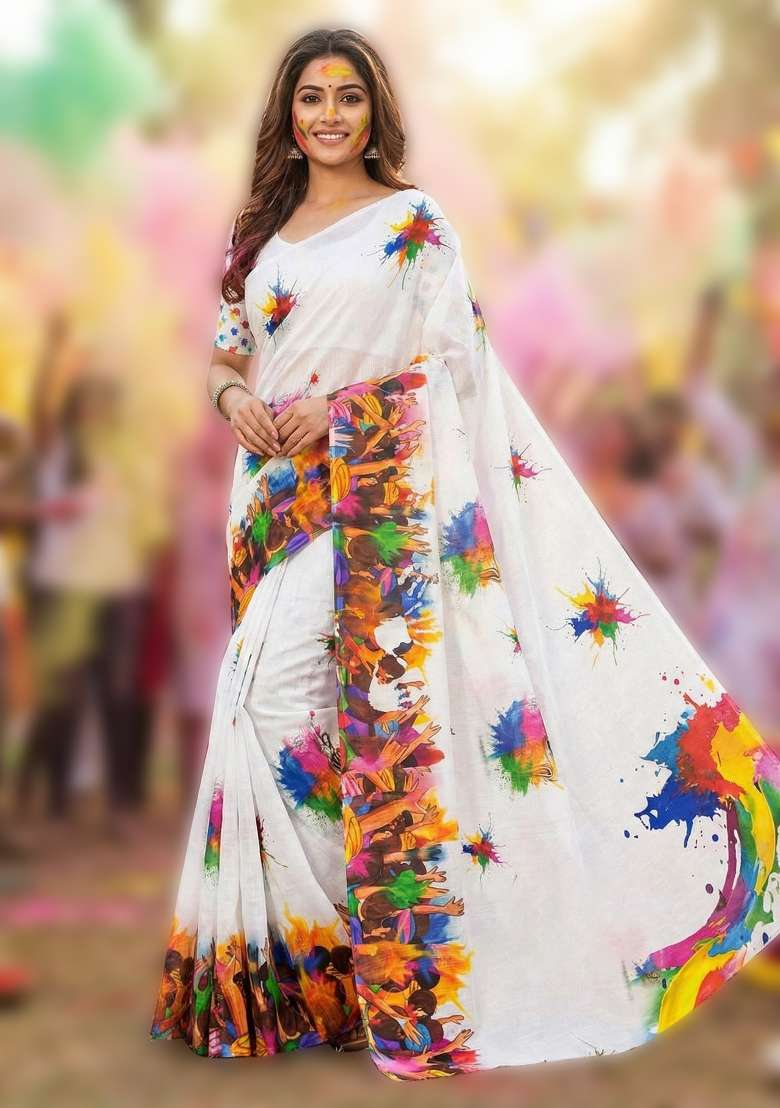 White Linen Saree Set with Printed for Diwali | Wedding & Festive Wear - Indya