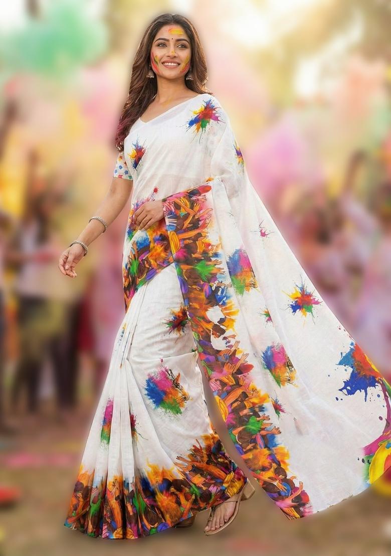 White Printed Linen Saree Set - Indya