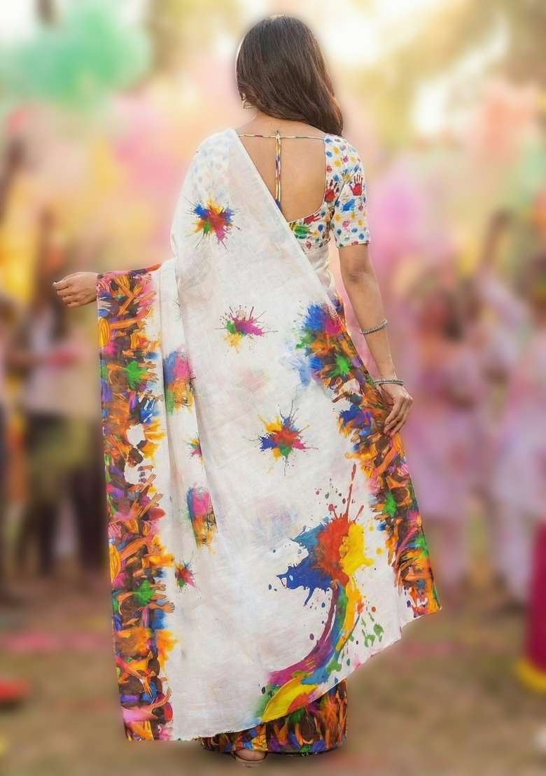 White Linen Saree Set with Printed for Diwali | Wedding & Festive Wear - Indya