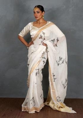 White Printed Linen Saree Set