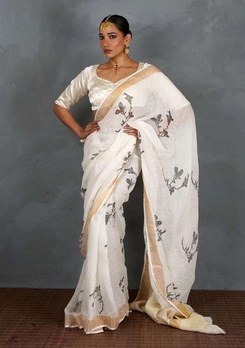 White Printed Linen Saree Set for Diwali and Festive Wear - Indya