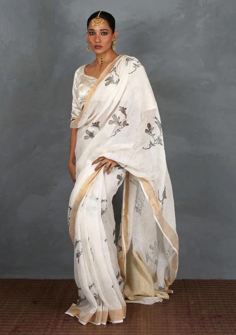 White Printed Linen Saree Set - Indya