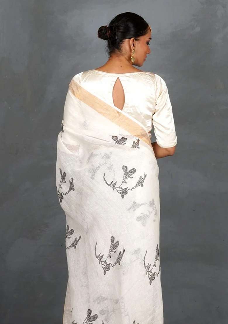 White Printed Linen Saree Set for Diwali and Festive Wear - Indya