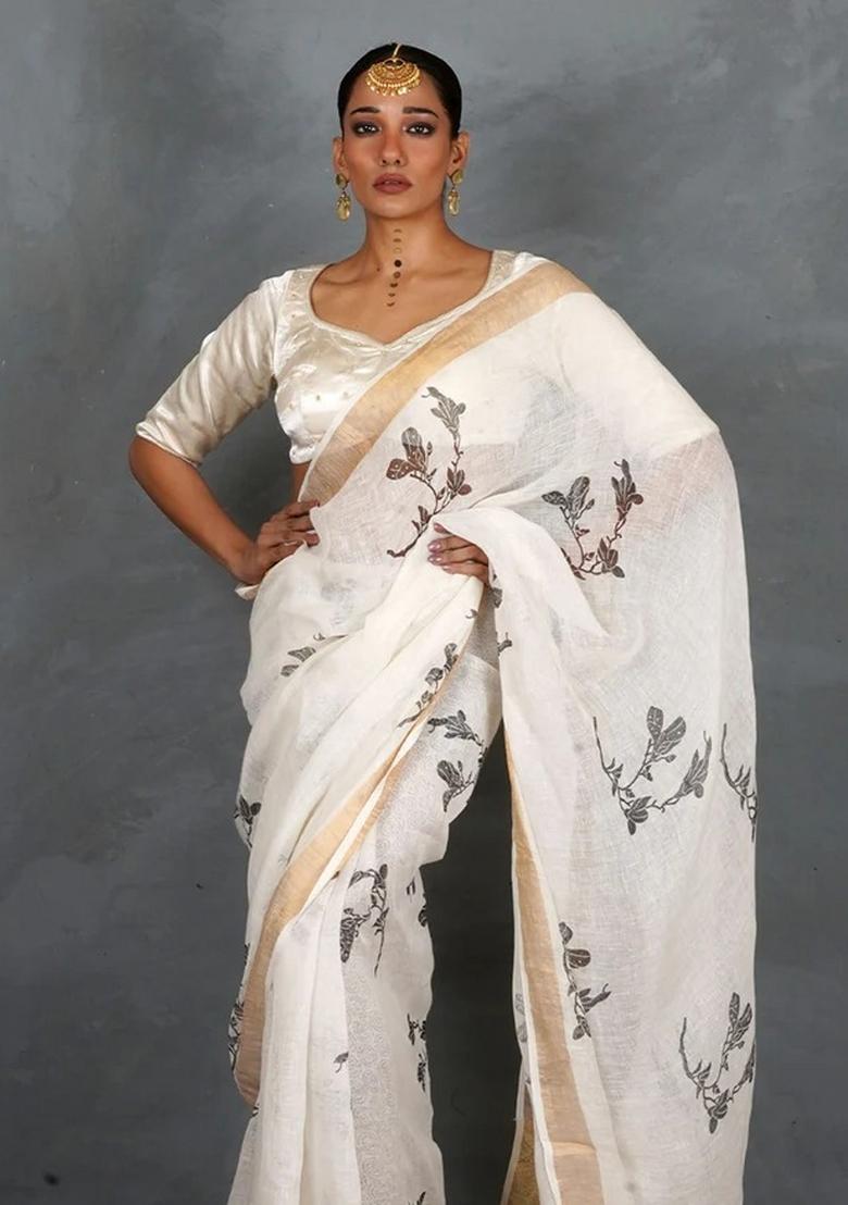 White Printed Linen Saree Set - Indya