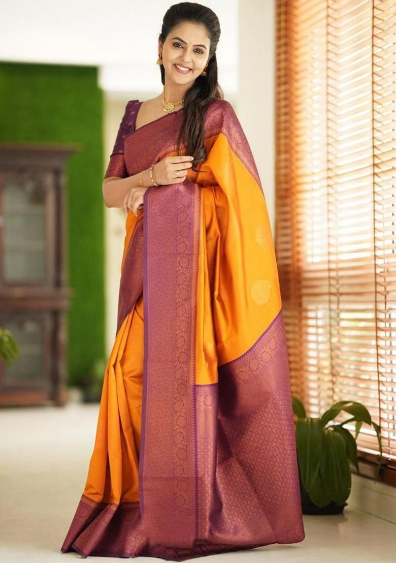 Yellow Jacquard Silk Saree Set - Indya