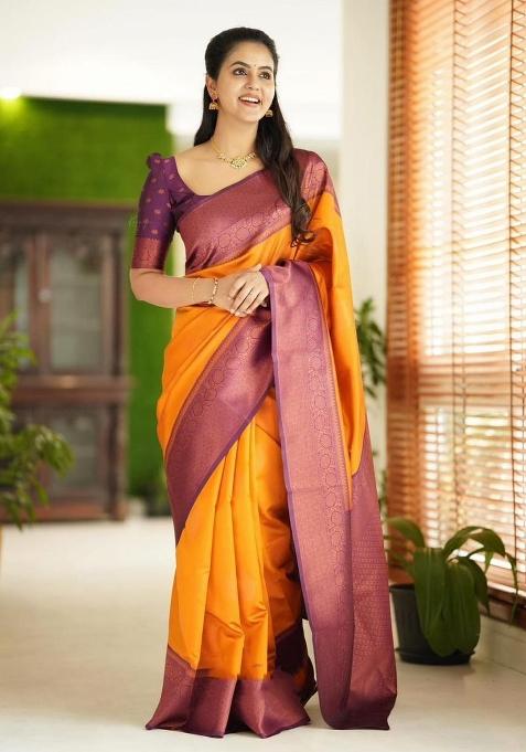 Yellow Jacquard Silk Saree Set