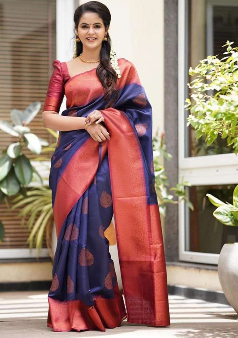 Blue Jacquard Silk Blend Saree Set for Diwali and Festive Wear - Indya