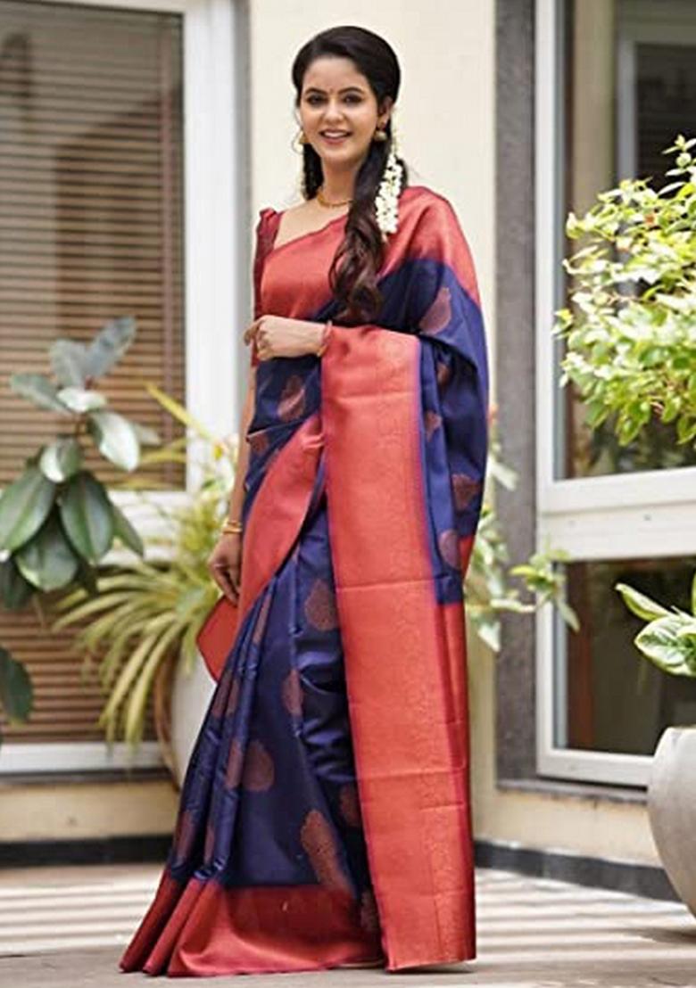 Blue Jacquard Silk Saree Set - Indya