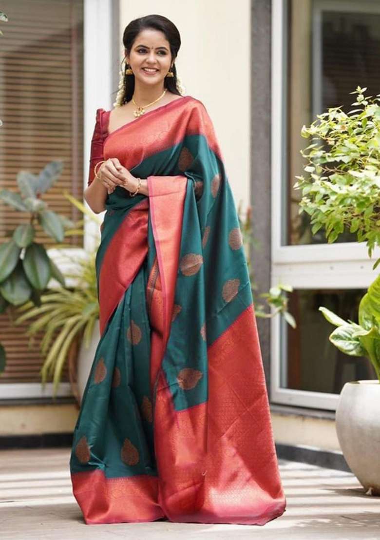 Teal Green Jacquard Silk Blend Saree Set for Diwali | Wedding & Festive Wear - Indya