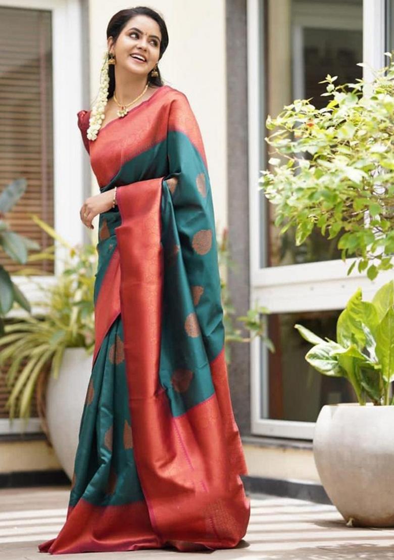 Teal Green Jacquard Silk Saree Set - Indya