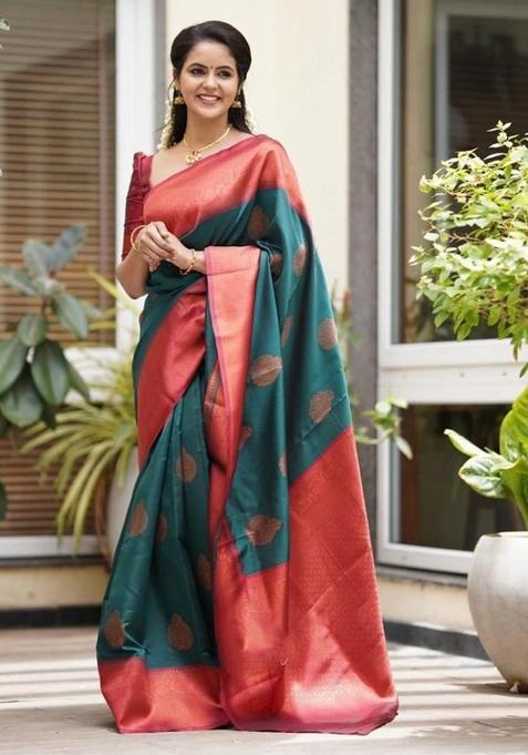 Teal Green Jacquard Silk Saree Set