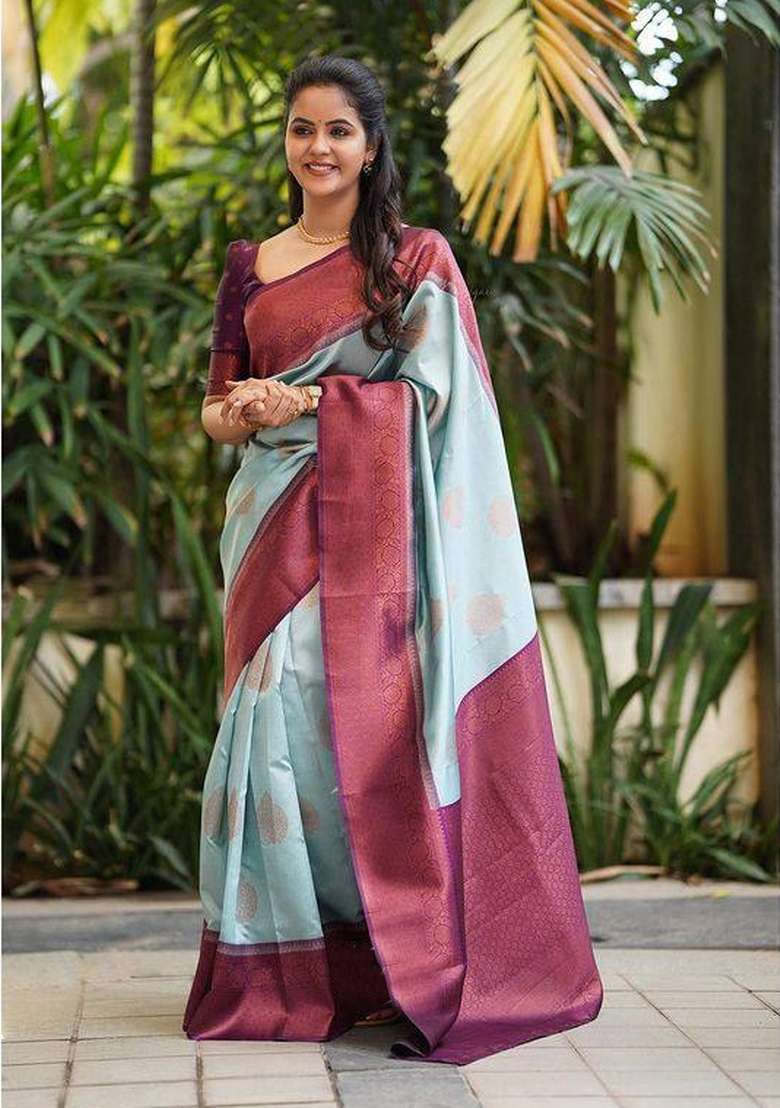 Light Blue Jacquard Silk Blend Saree Set for Diwali and Festive Wear - Indya
