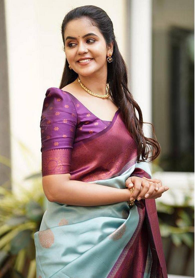 Light Blue Jacquard Silk Saree Set - Indya