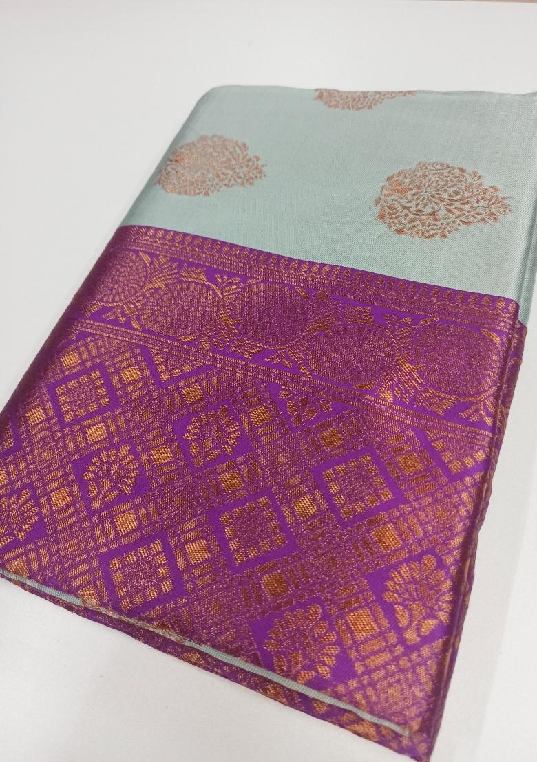 Light Blue Jacquard Silk Saree Set - Indya