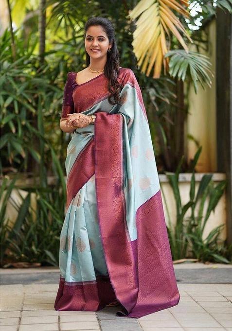 Light Blue Jacquard Silk Saree Set