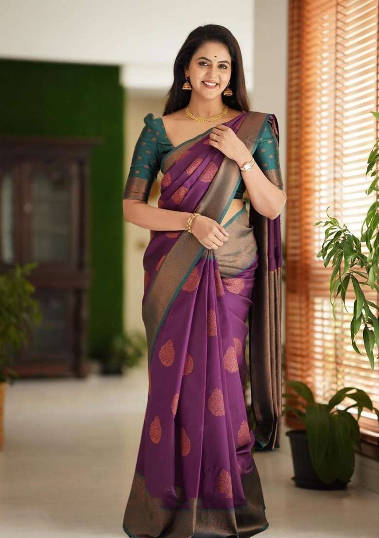 Wine Jacquard Silk Blend Saree Set for Diwali and Festive Wear - Indya