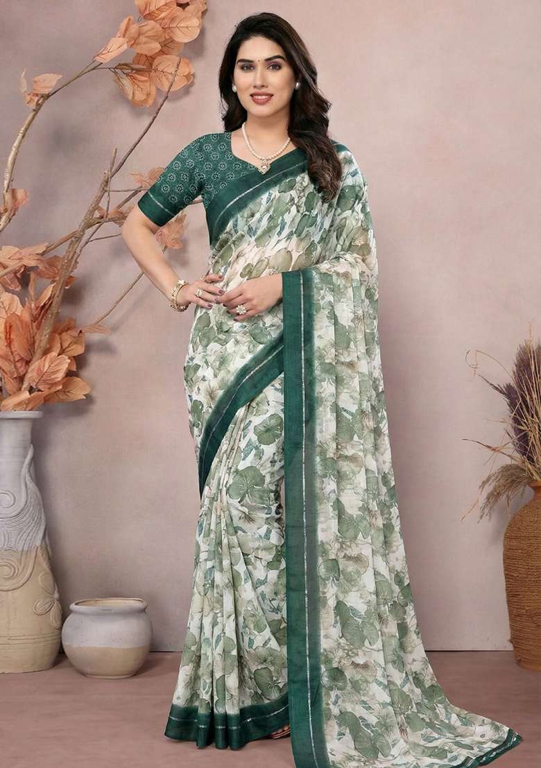 White Printed Satin Saree Set for Diwali and Festive Wear - Indya
