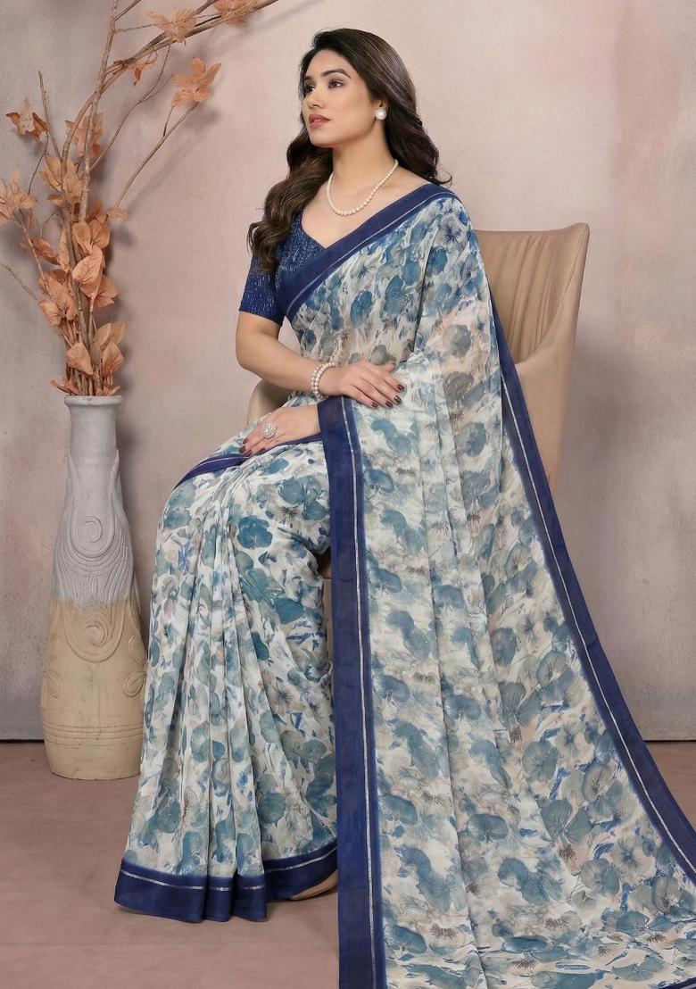 White Printed Satin Saree Set - Indya