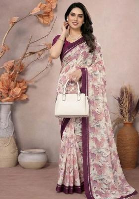 White Printed Satin Saree Set