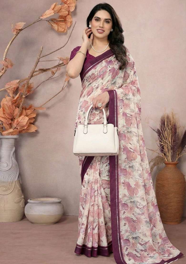 White Printed Satin Saree Set for Diwali and Festive Wear - Indya