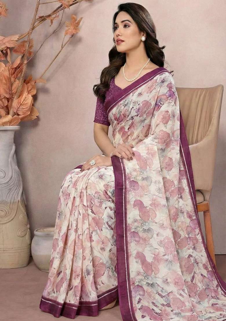 White Printed Satin Saree Set for Diwali and Festive Wear - Indya