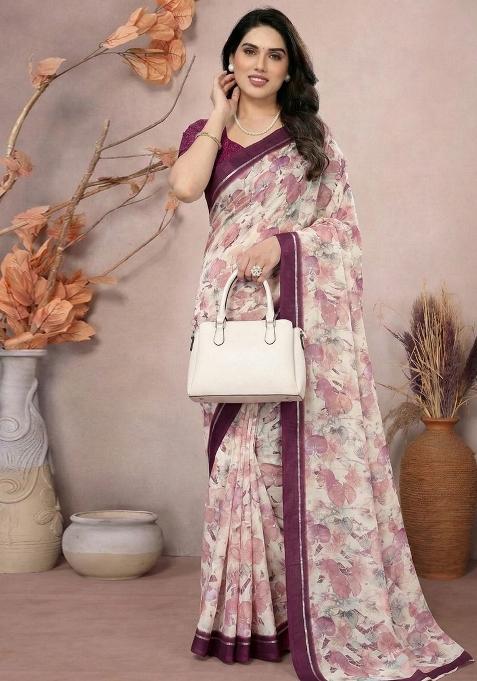 White Printed Satin Saree Set
