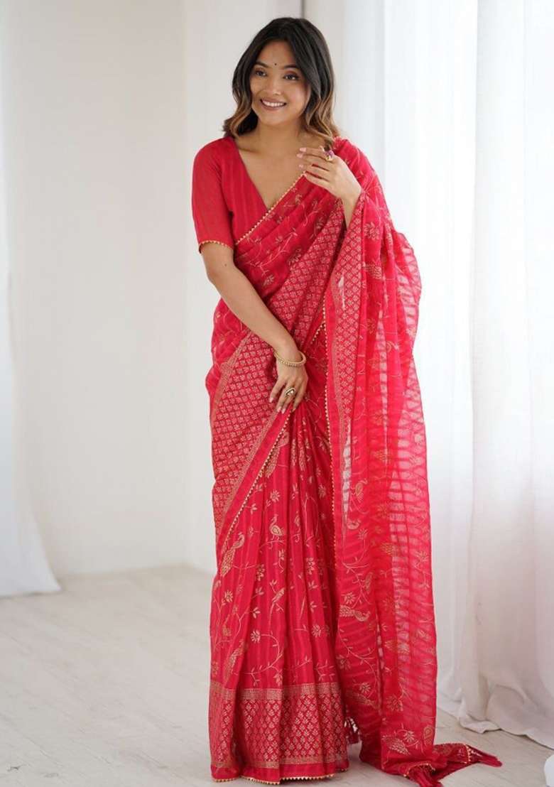 Red Foil Work Georgette Saree Set for Diwali | Wedding & Festive Wear - Indya