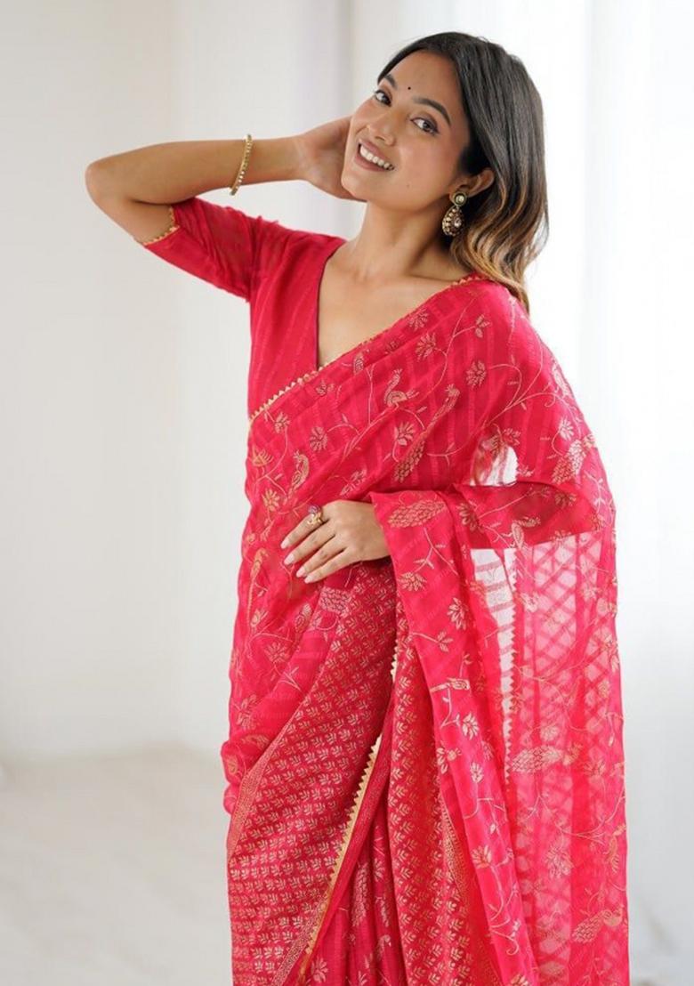 Red Foil Work Georgette Saree Set - Indya
