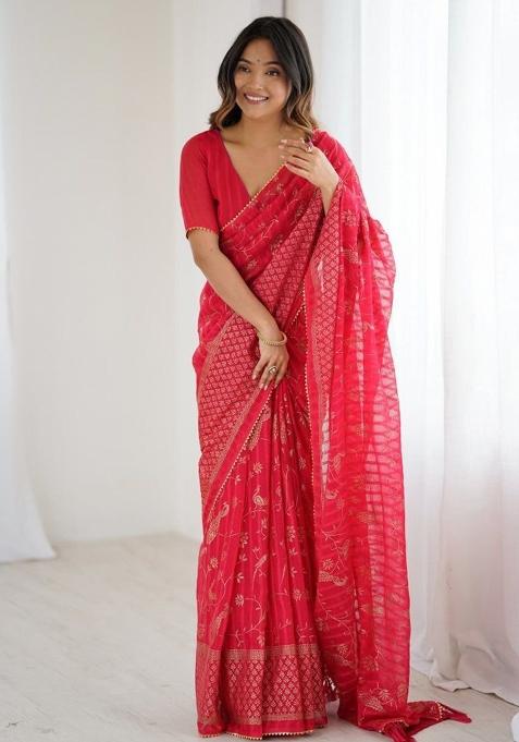 Red Foil Work Georgette Saree Set