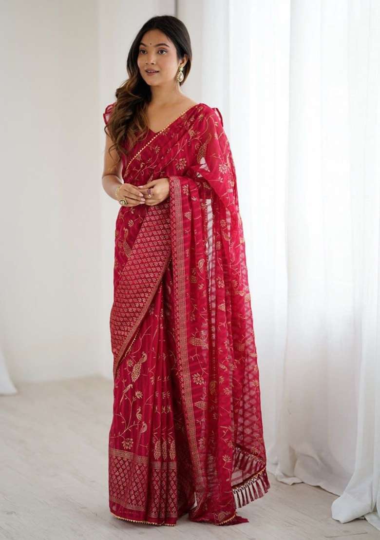 Maroon Foil Work Georgette Saree Set for Diwali and Festive Wear - Indya