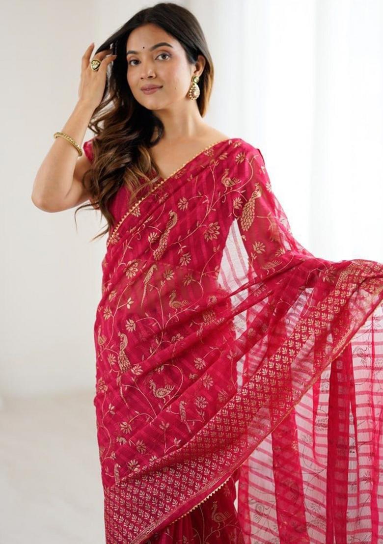 Maroon Foil Work Georgette Saree Set - Indya