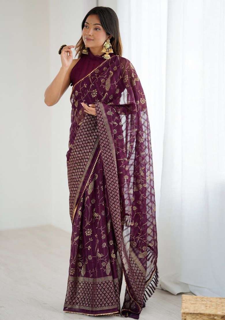 Wine Foil Work Georgette Saree Set for Diwali and Festive Wear - Indya