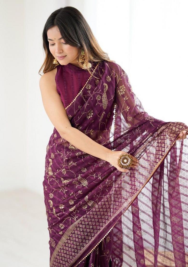 Wine Foil Work Georgette Saree Set - Indya