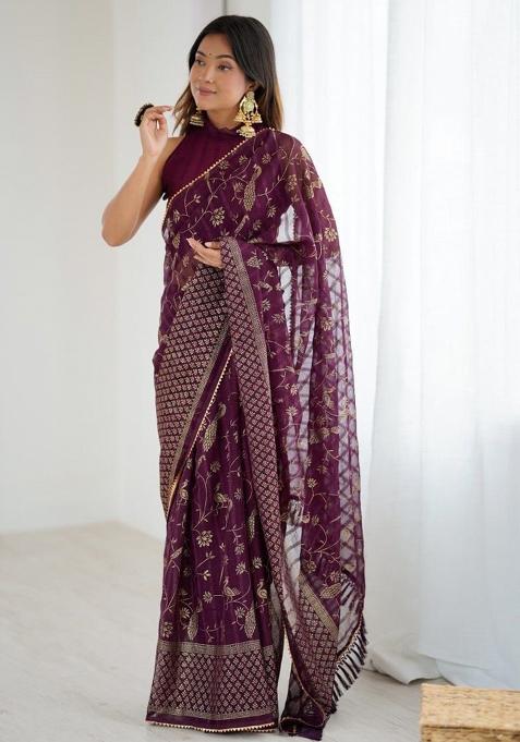 Wine Foil Work Georgette Saree Set