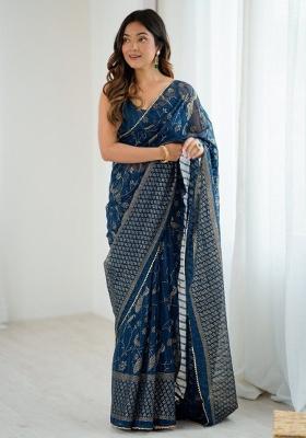 Navy Blue Foil Work Georgette Saree Set